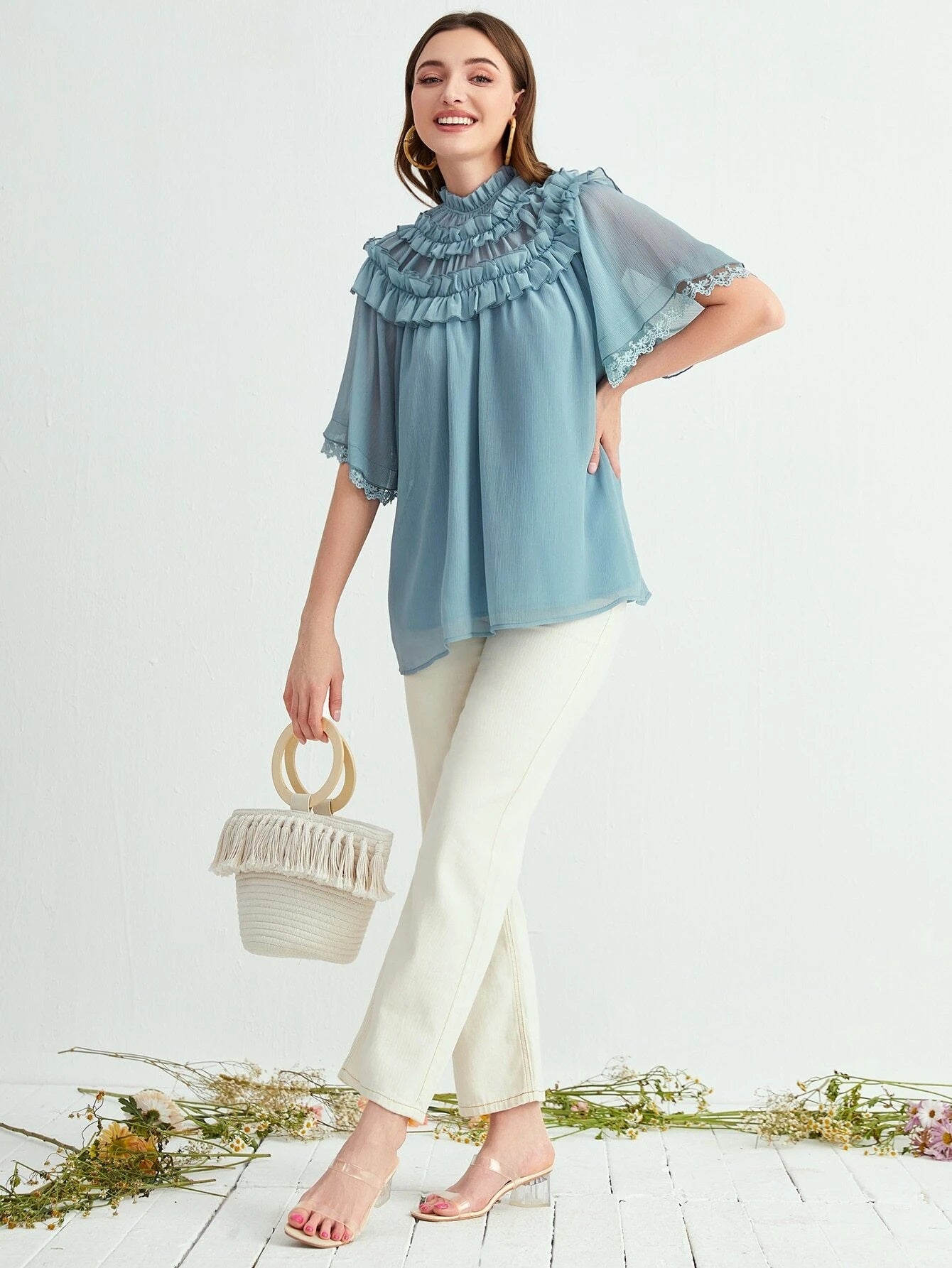 CM-TS553384 Women Elegant Seoul Style Mock Neck Ruffle Trim Contrast Lace Top - Dusty Blue