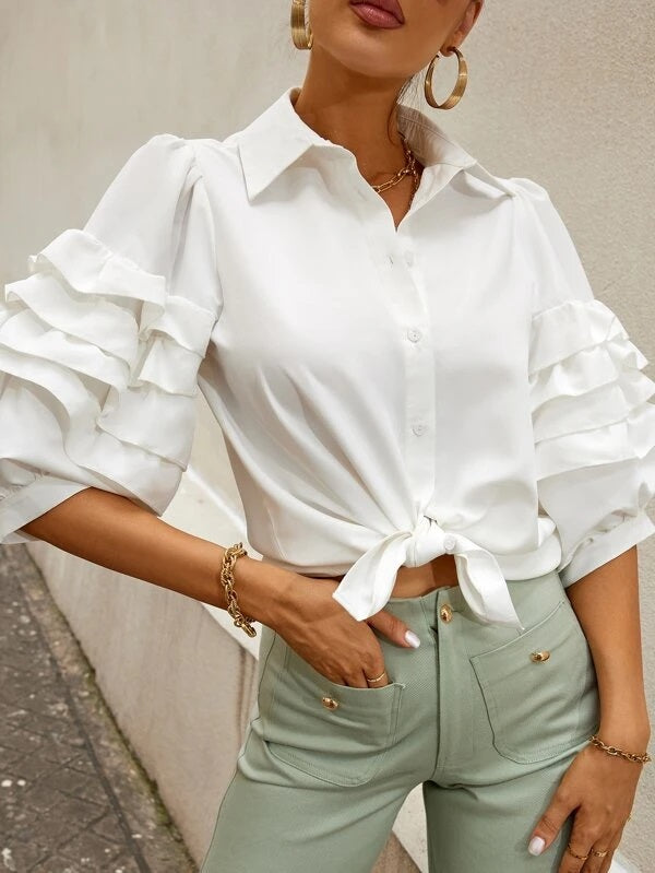 CM-TS734888 Women Casual Seoul Style Layered Sleeve Button Front Blouse - White