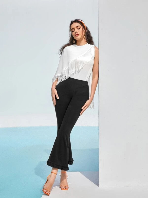 CM-TS355774 Women Casual Seoul Style Fringe Trim Asymmetrical Neck Blouse - White