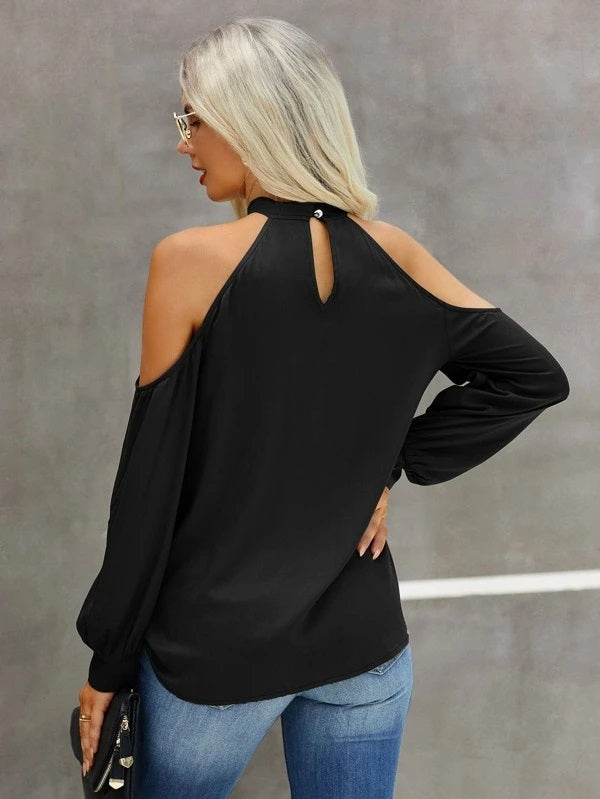 CM-TS484674 Women Casual Seoul Style Solid Choker Neck Cold Shoulder Blouse - Black
