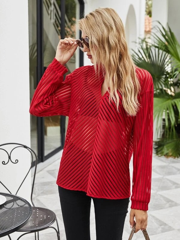 CM-TS888228 Women Casual Seoul Style Shadow Striped Sheer Cut-Out Top - Red