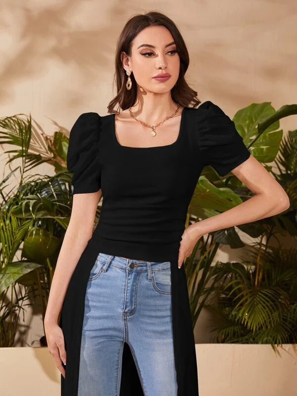 CM-TS495930 Women Elegant Seoul Style Square Neck Puff Sleeve High Low Top - Black