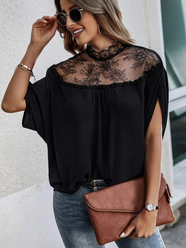 CM-TS515569 Women Elegant Seoul Style Contrast Lace Panel Batwing Sleeve Blouse - Black