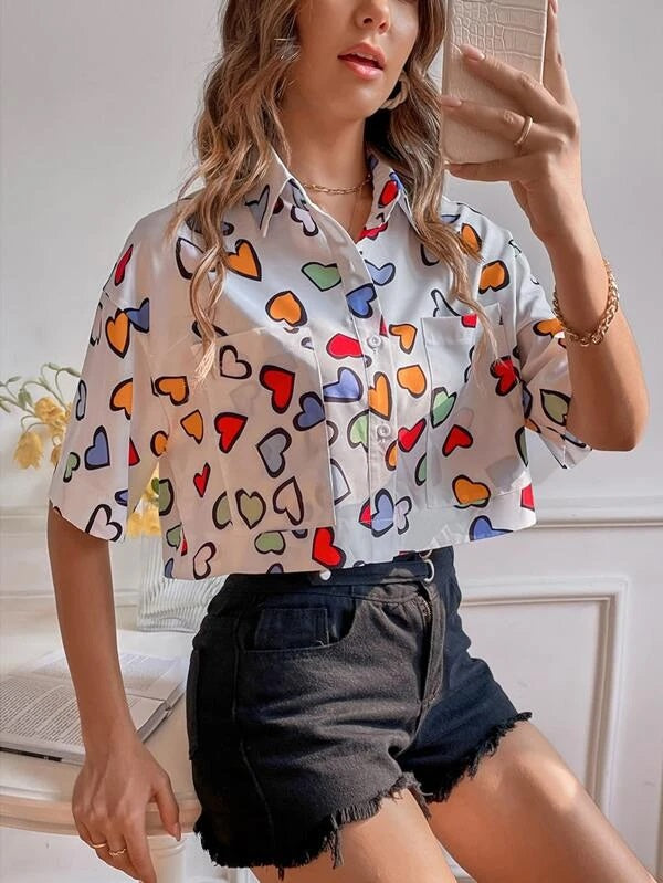 CM-TS014644 Women Casual Seoul Style Heart Print Drop Shoulder Blouse