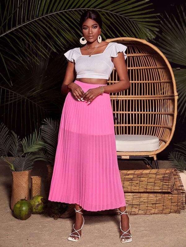 CM-BS731195 Women Elegant Seoul Style Solid Pleated Longline Skirt - Pink