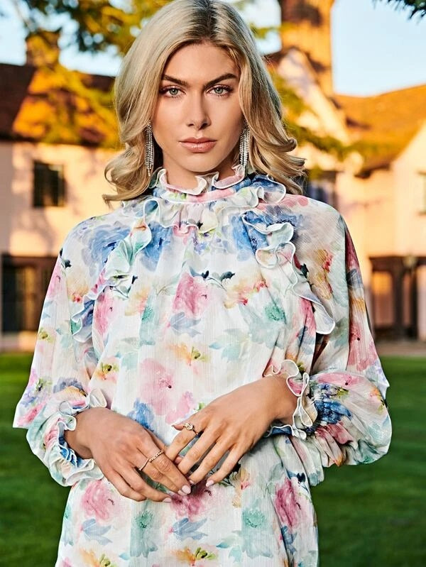 CM-TS663674 Women Trendy Bohemian Style Floral Print Ruffle Detail Top