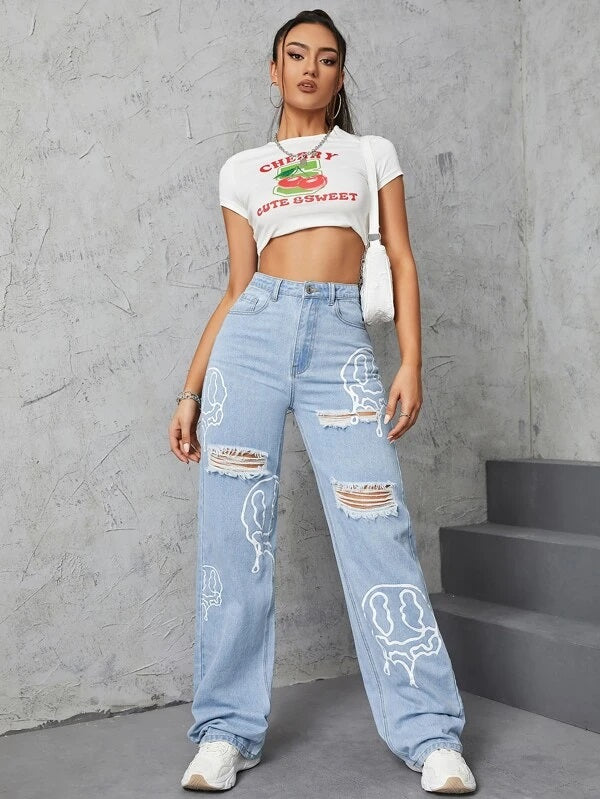 CM-BS252287 Women Casual Seoul Style Cartoon Face Graphic Ripped Wide Leg Jeans