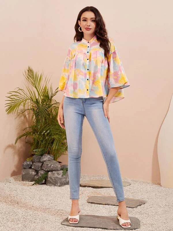 CM-TS088900 Women Casual Seoul Style Tie Dye Trumpet Sleeve High Low Hem Blouse