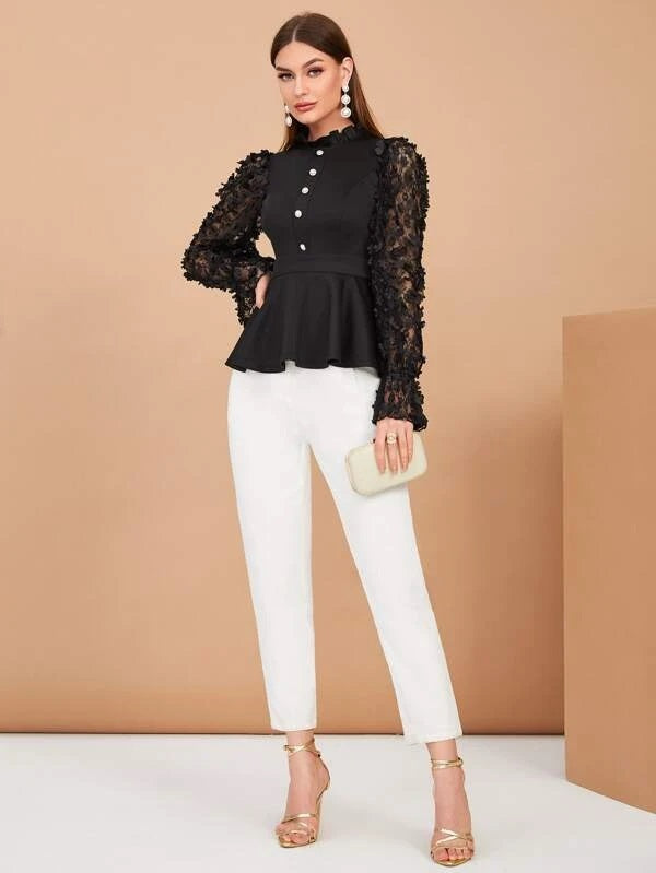 CM-TS725558 Women Trendy Bohemian Style Floral Applique Ruffle Hem Frill Trim Top - Black