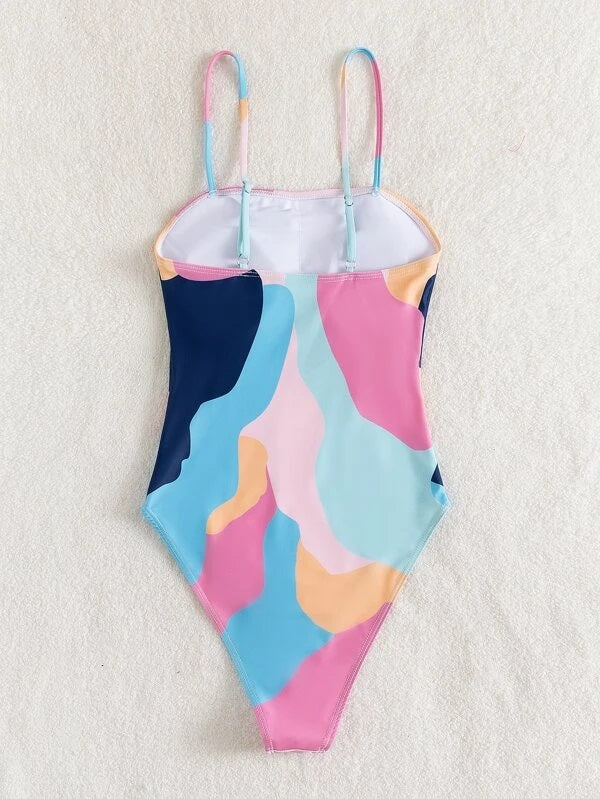 CM-SWS923732 Women Trendy Seoul Style Random Fluid Print One Piece Swimsuit