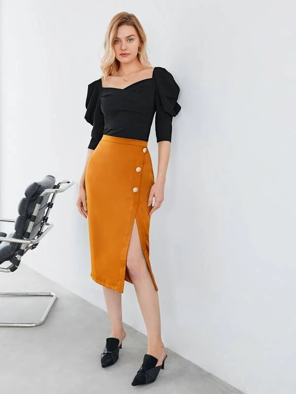 CM-TS979417 Women Elegant Seoul Style Leg-Of-Mutton Sleeve V-Neck Blouse - Black