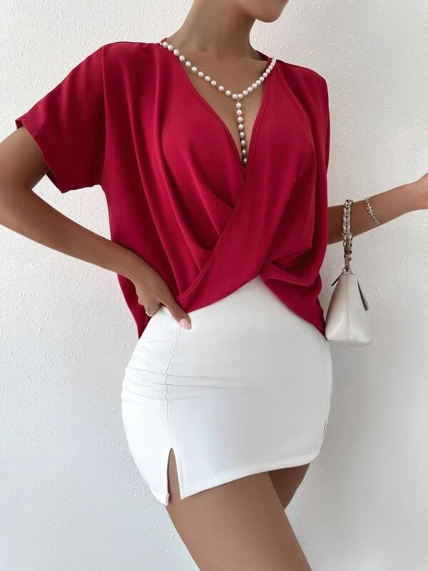 CM-TS223313 Women Casual Seoul Style Crossover Batwing Sleeve Blouse - Burgundy