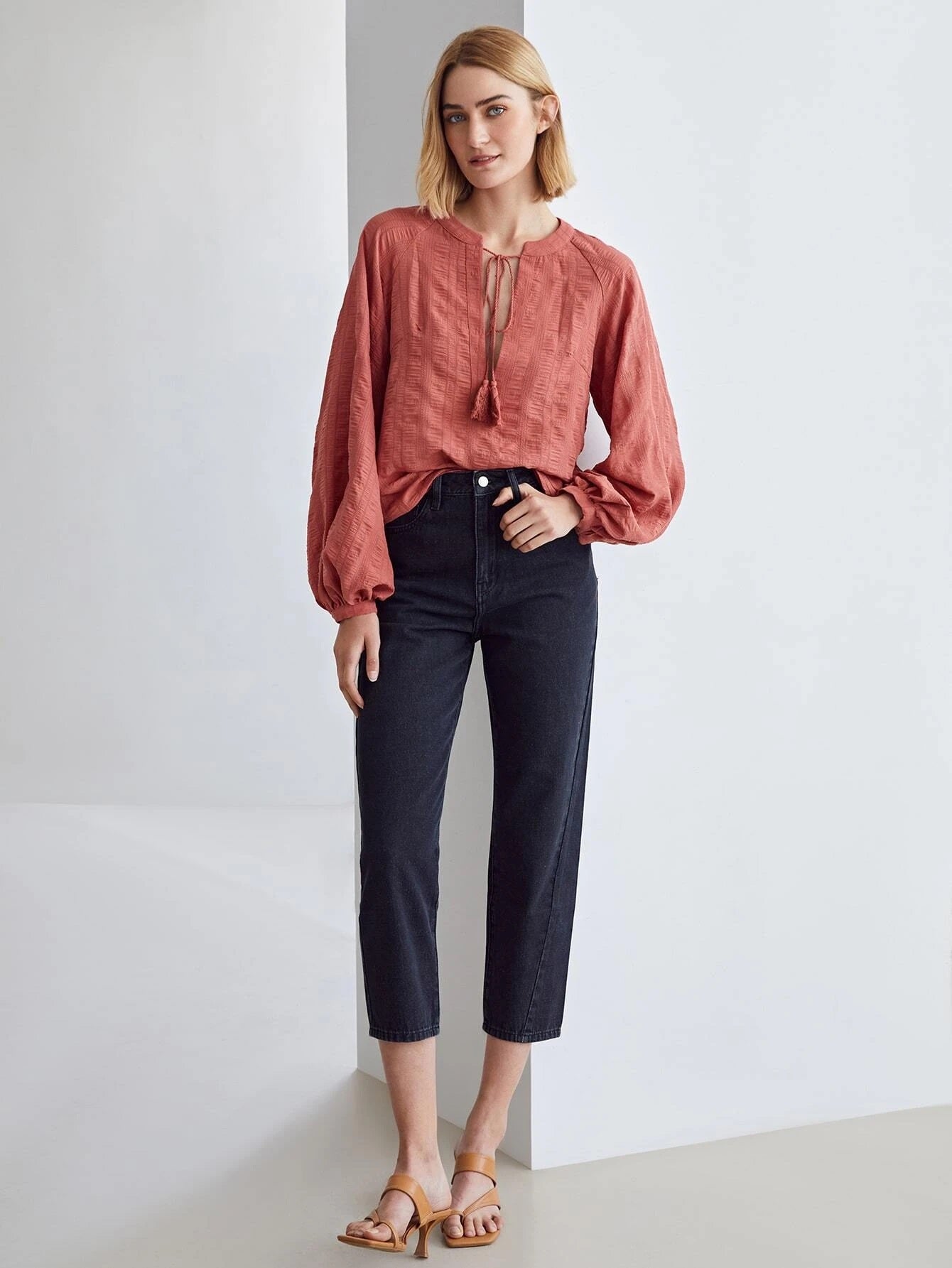 CM-TS126232 Women Casual Seoul Style Textured Voluminous Sleeve Tassel Top - Redwood