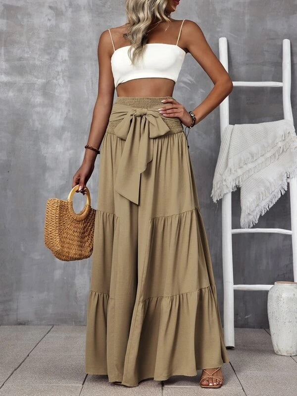 CM-BS758058 Women Trendy Bohemian Style Shirred Waist Tie Front Ruffle Hem Wide Leg Pants