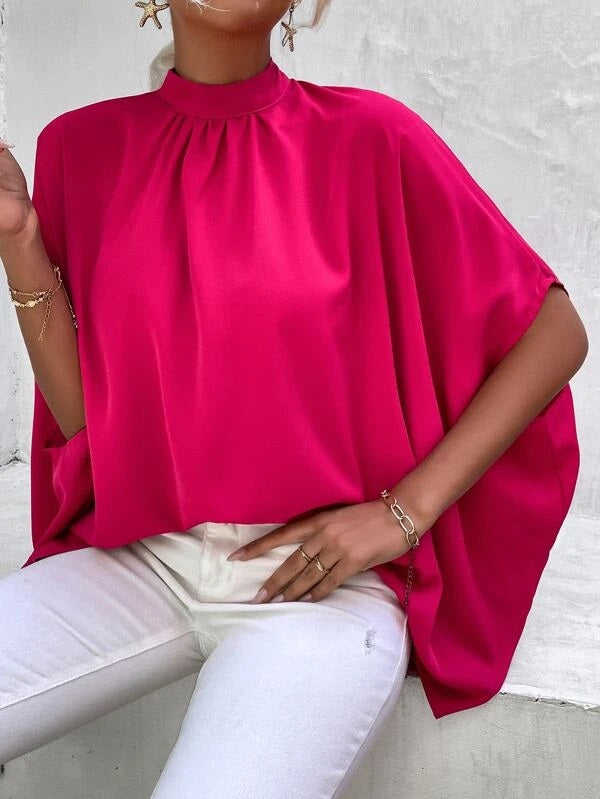 CM-TS176688 Women Casual Seoul Style Dolman Sleeve Mock Neck Tie Back Blouse - Hot Pink