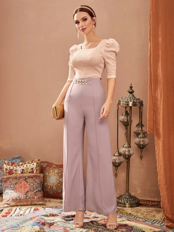 CM-TS533733 Women Elegant Seoul Style Puff Sleeve Square Neck Tee - Dusty Pink