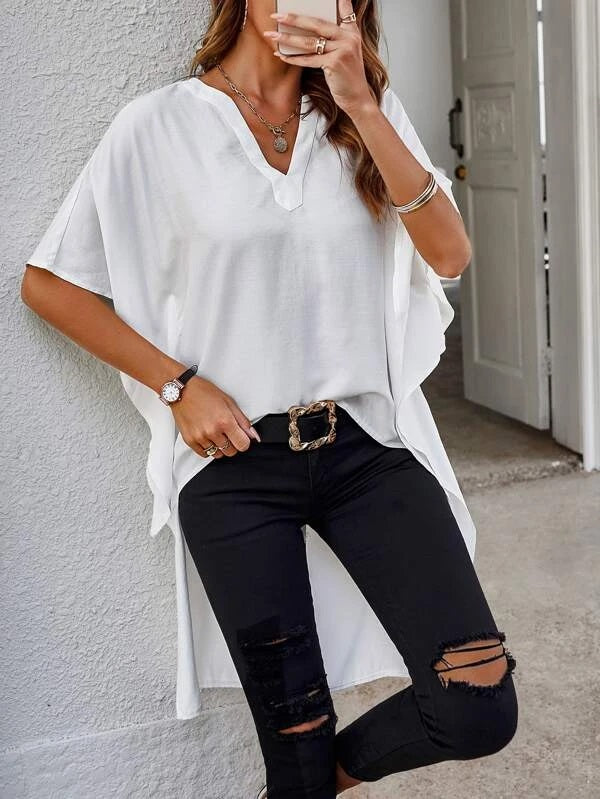 CM-TS117881 Women Casual Seoul Style Solid High Low Hem Batwing Sleeve Popover Blouse