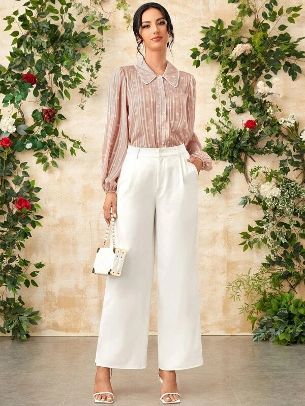 CM-TS078028 Women Elegant Seoul Style Polka Dot And Vertical Striped Lantern Sleeve Blouse