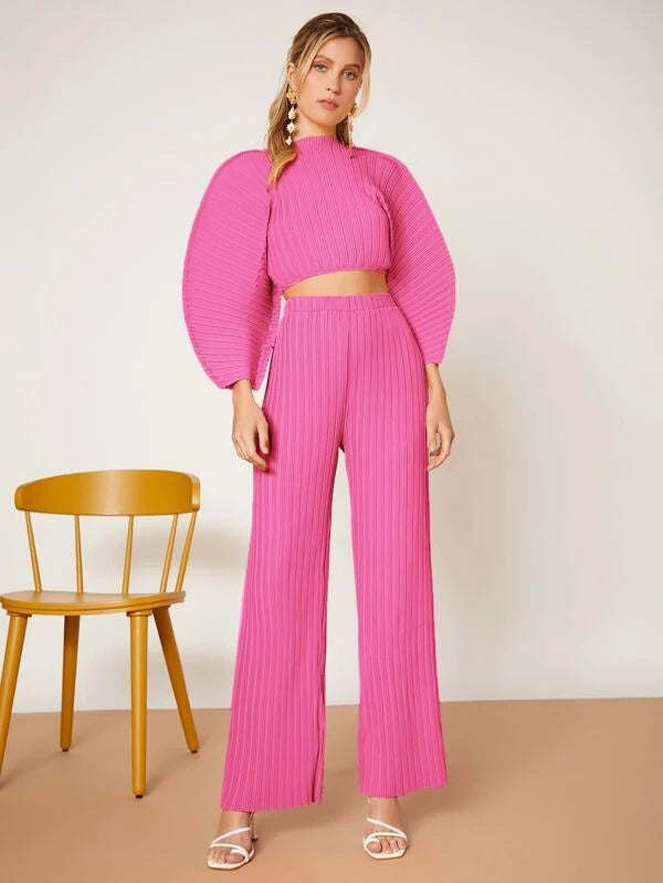 CM-TS466541 Women Casual Seoul Style Solid Batwing Sleeve Ribbed Knit Blouse - Pink