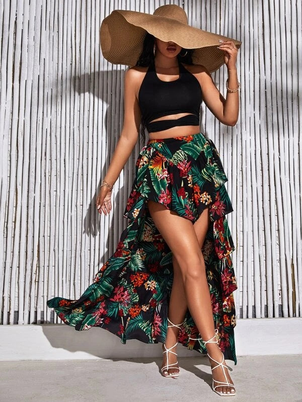 CM-BS864559 Women Trendy Bohemian Style Tropical Print Asymmetrical Layered Hem Skirt