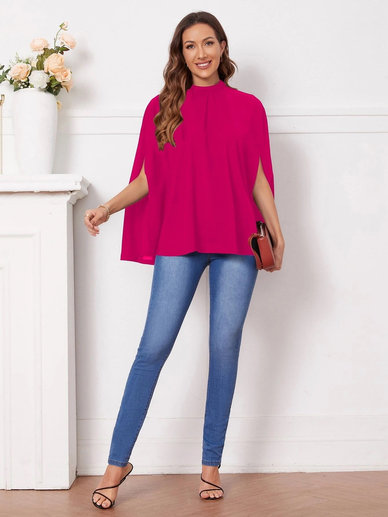 CM-TS141454 Women Elegant Seoul Style Mock Neck Cloak Sleeve Blouse - Hot Pink