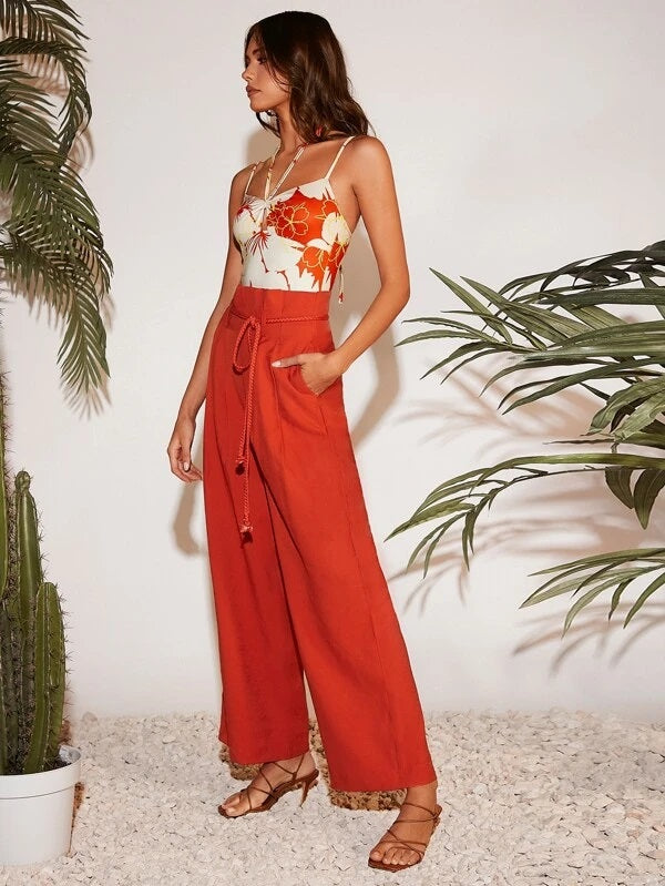 CM-BS282688 Women Trendy Bohemian Style High Waist Belted Wide Leg Pants - Red