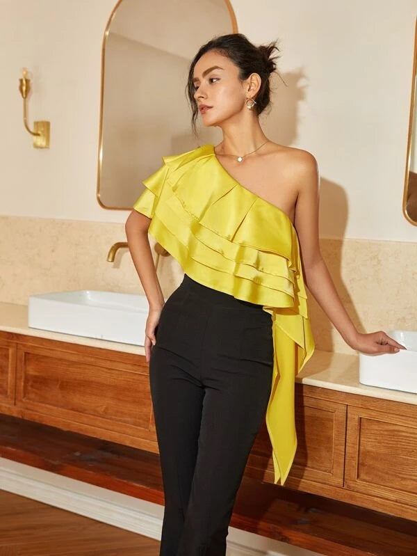 CM-TS104573 Women Elegant Seoul Style One Shoulder Layered Trim Side Draped Top - Yellow
