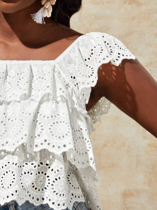 CM-TS985505 Women Trendy Bohemian Style Layered Trim Schiffy Crop Top - White