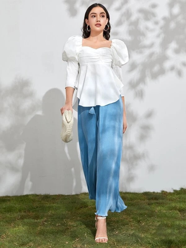 CM-TS318416 Women Elegant Seoul Style Ruched Sweetheart Neck Asymmetrical Hem Blouse