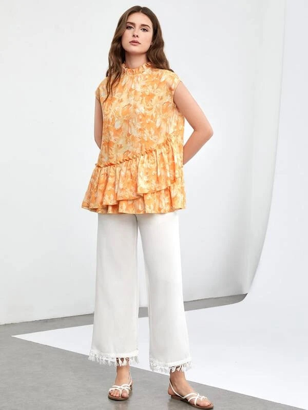 CM-TS769092 Women Casual Seoul Style Allover Floral Print Frill Trim Peplum Blouse
