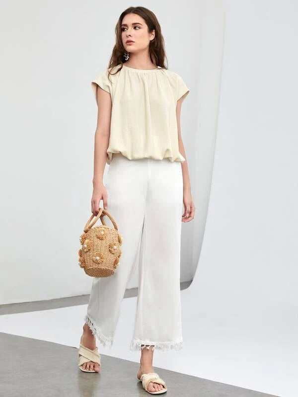 CM-TS626621 Women Casual Seoul Style Batwing Sleeve Balloon Hem Top - Beige