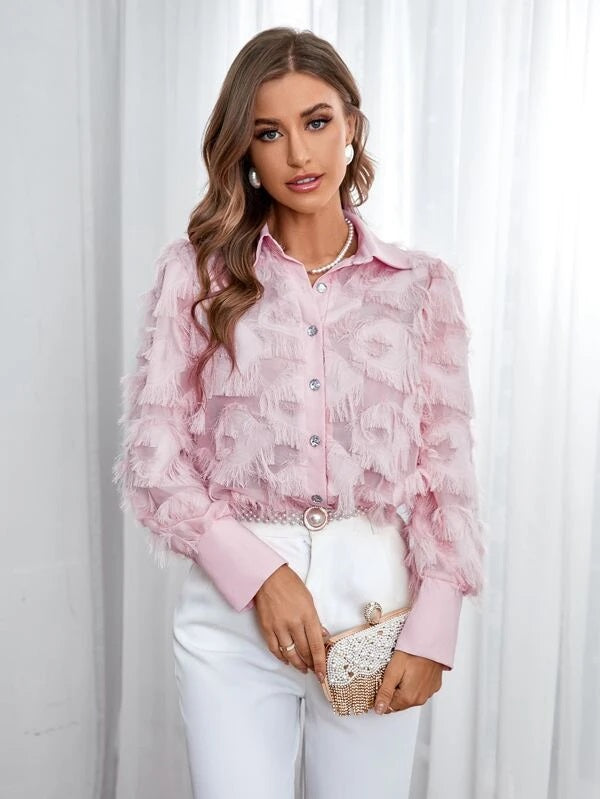 CM-TS273719 Women Elegant Seoul Style Button Through Fuzzy Detail Blouse - Pink