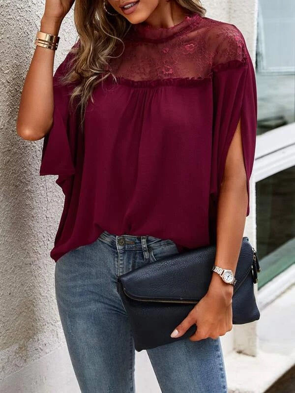 CM-TS744318 Women Elegant Seoul Style Contrast Lace Panel Batwing Sleeve Blouse - Burgundy