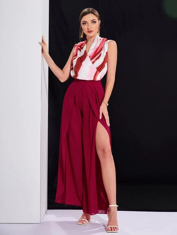 CM-BS988858 Women Casual Seoul Style Slit Hem Wide Leg Pants - Burgundy