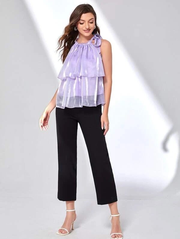 CM-TS747884 Women Casual Seoul Style Knotted Neck Layered Organza Halter Top