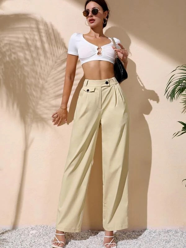 CM-BS031690 Women Casual Seoul Style High Waist Fold Pleated Pants - Beige