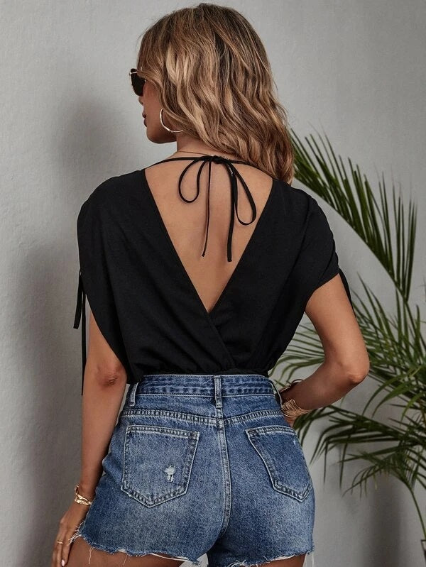 CM-TS169512 Women Casual Seoul Style Drawstring Batwing Sleeve Tie Back Bodysuit