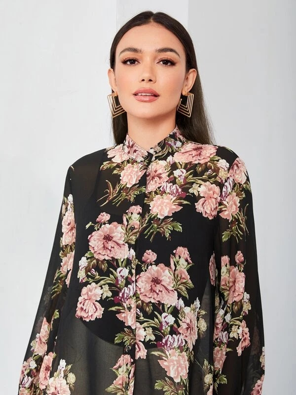 CM-TS319992 Women Elegant Seoul Style Floral Print High Low Sheer Blouse