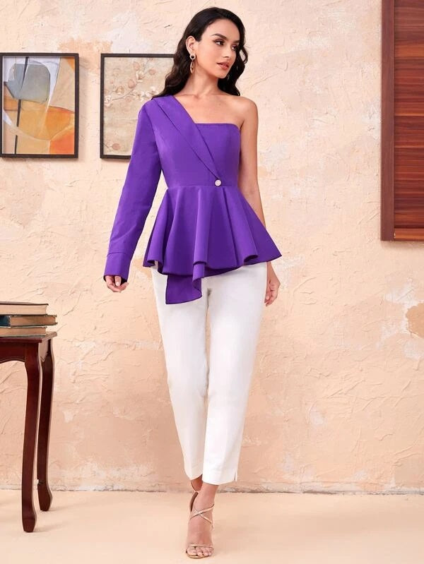 CM-TS022226 Women Elegant Seoul Style One Shoulder Single Button Peplum Blouse