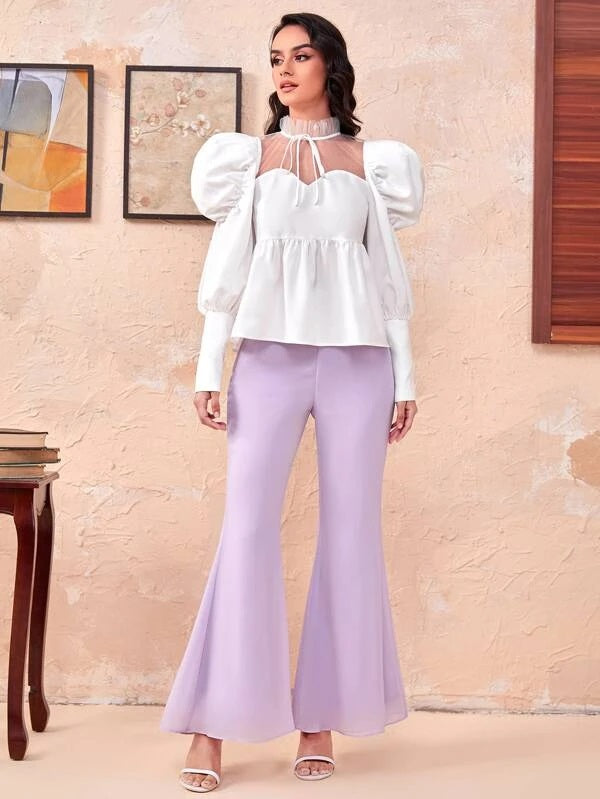 CM-TS500060 Women Elegant Seoul Style Mock Neck Knot Contrast Mesh Ruffle Hem Blouse