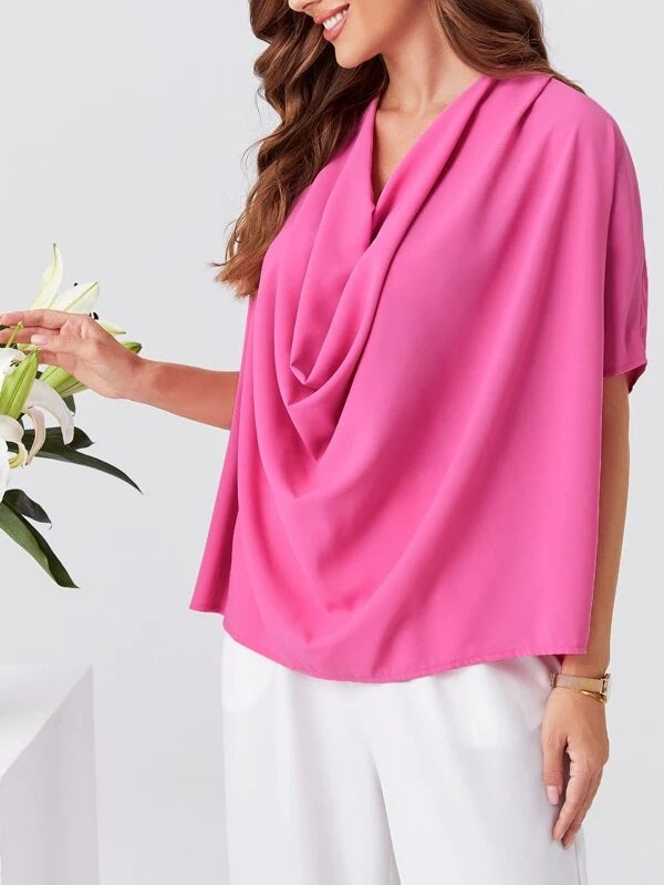 CM-TS359578 Women Casual Seoul Style Draped Neck Batwing Sleeve Blouse - Hot Pink