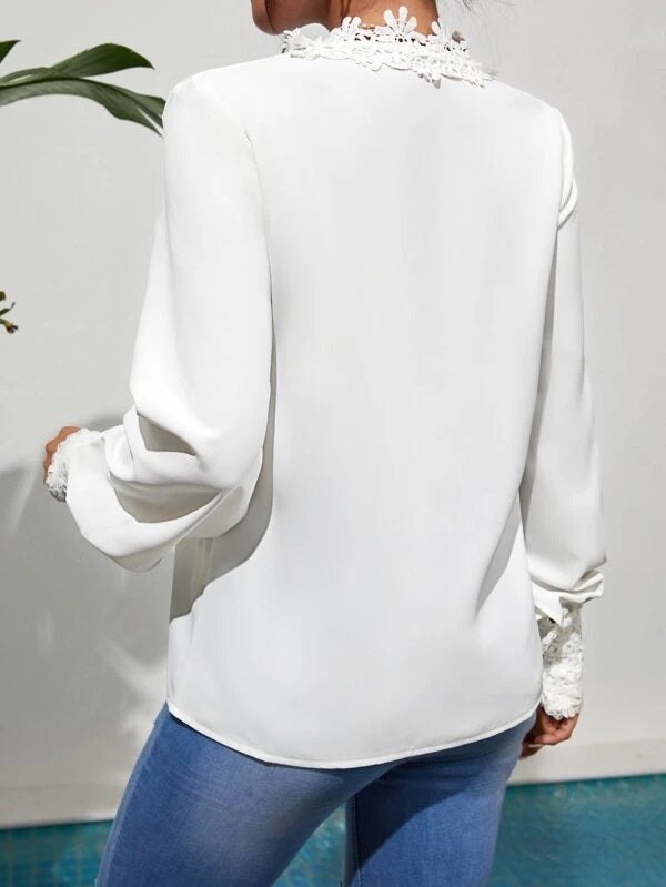 CM-TS398857 Women Casual Seoul Style Contrast Guipure Lace Tie Front Bishop Sleeve Blouse