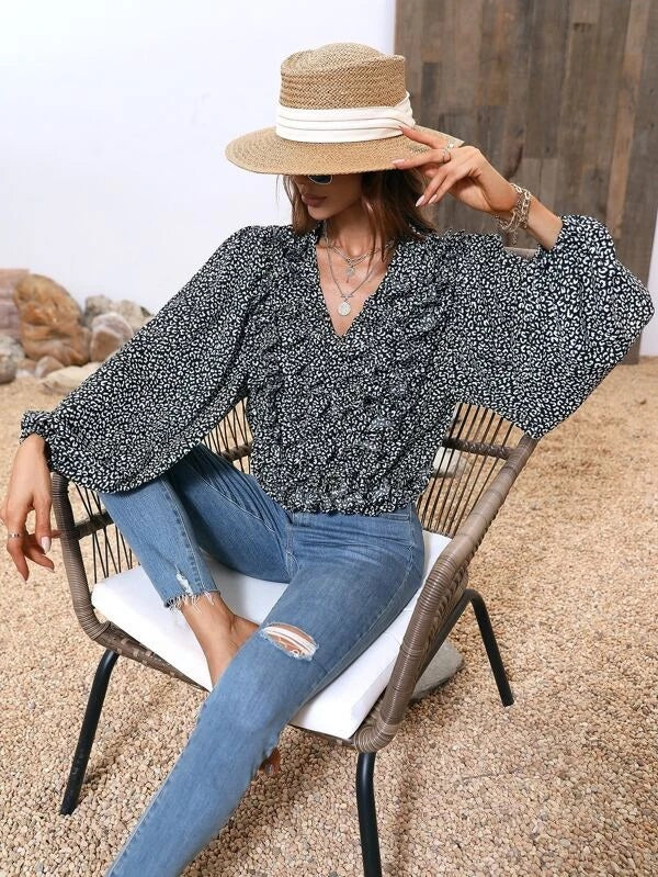 CM-TS050690 Women Casual Seoul Style All Over Print Ruffle Trim Bishop Sleeve Blouse