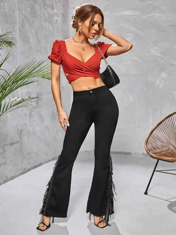 CM-BS072027 Women Casual Seoul Style High Waist Fringe Trim Flare Leg Jeans - Black