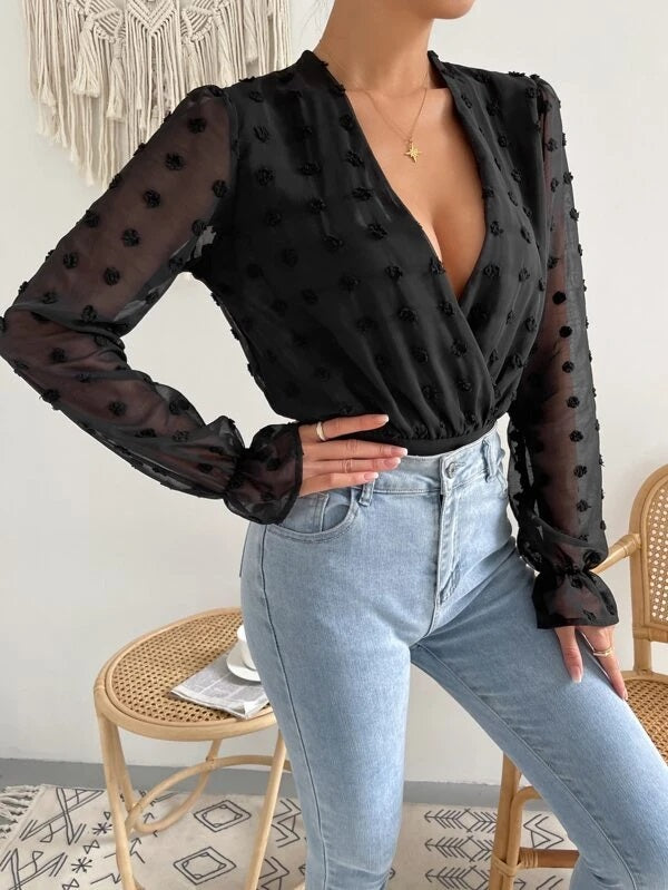 CM-TS310991 Women Casual Seoul Style Flounce Sleeve Overlap Collar Chiffon Bodysuit - Black