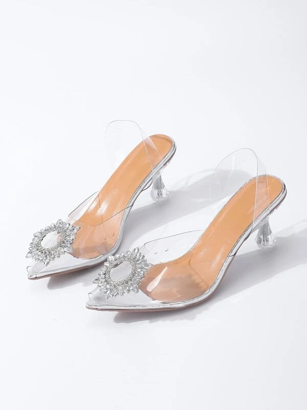 CM-SHS191144 Women Trendy Seoul Style Rhinestone Clear Band Heeled Slingback Pumps