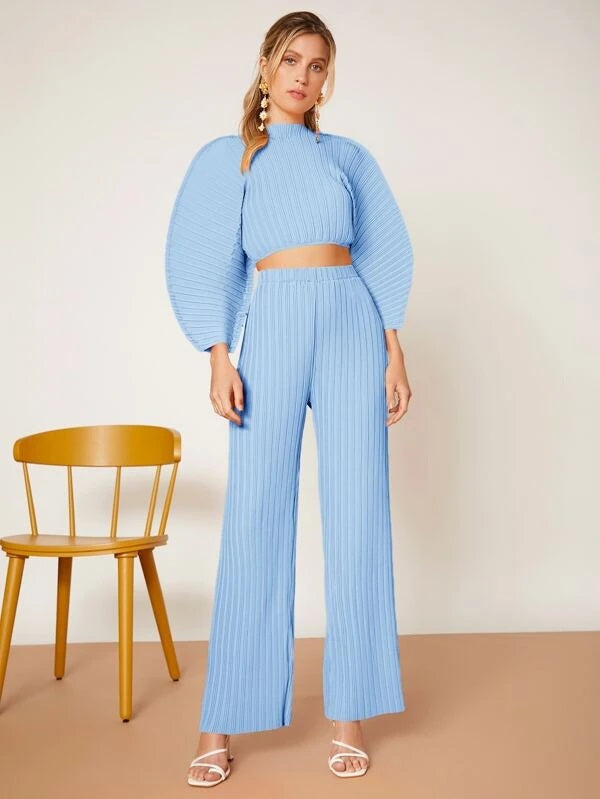 CM-TS432620 Women Casual Seoul Style Solid Batwing Sleeve Ribbed Knit Blouse - Baby Blue