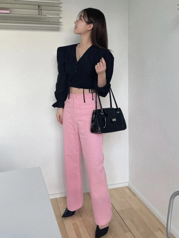 CM-TS877588 Women Casual Seoul Style Flounce Sleeve Drawstring Front Lace Blouse