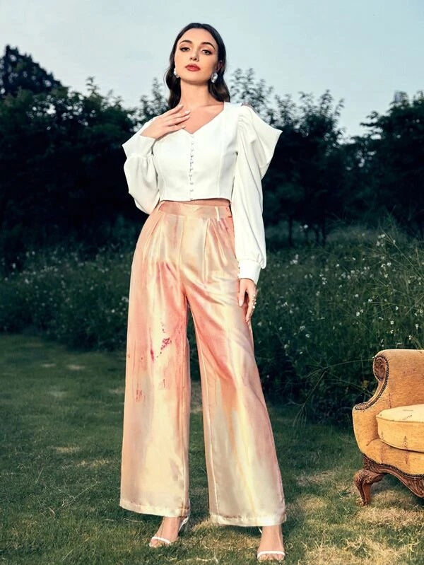 CM-TS876977 Women Elegant Seoul Style Pearls Button Puff Sleeve Cut Out Blouse - White