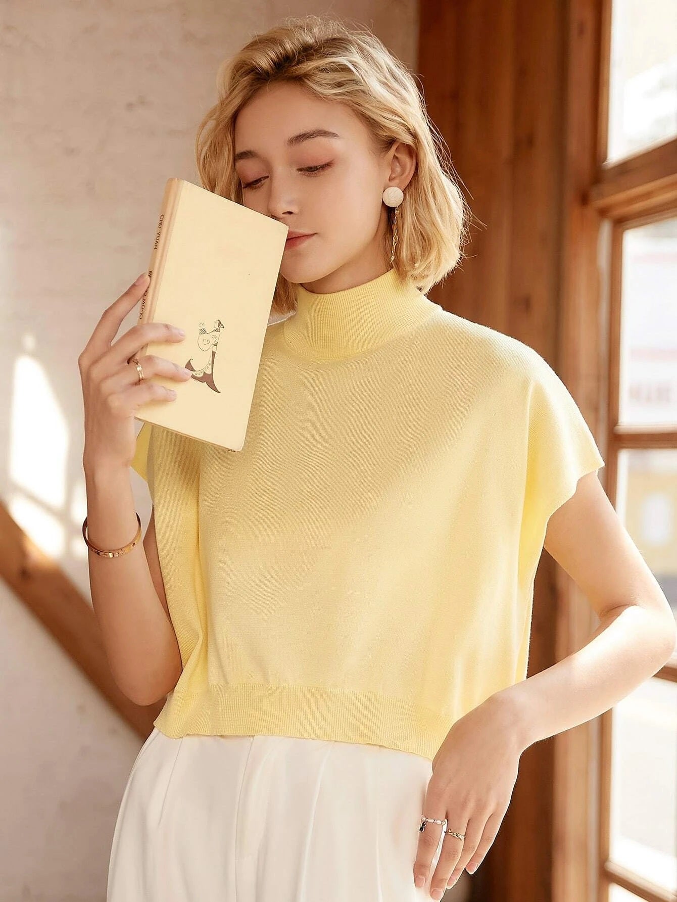 CM-TS367672 Women Casual Seoul Style Knit Mix High Neck Batwing Sleeve Knit Top - Yellow